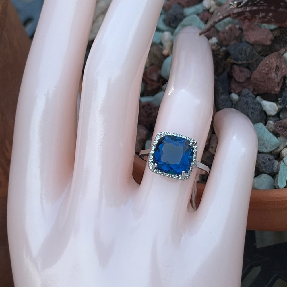 Cushion 3.80 ct London Blue Topaz simulated & Genuine Diamond Halo Sterling Ring